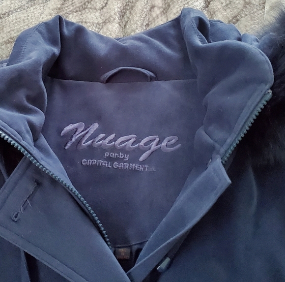 Nuage Women's Blue Long Hooded Coat with Fox Fur Trim - Picture 6 of 9